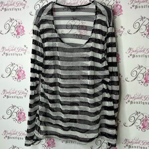 Tripp NYC long sleeve mesh fish net Black and White Striped Blouse swoop neck